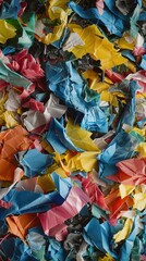 A pile of colorful plastic pieces with a mix of black and red. The colors are bright and the pile is full