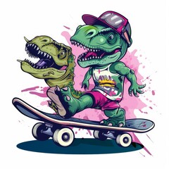 Wall Mural - Vintage cartoon funny dinosaur riding a skateboard sports and colorful graffiti style splash illustration on white background