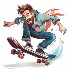 Cartoon funny young man silhouettes riding a skateboard sports and vintage graffiti style colorful splash illustration on white background