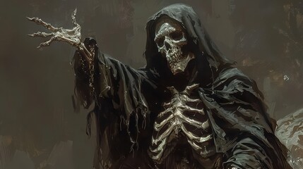 A Skeleton in a Black Hooded Robe Reaches Out With a Bony Hand