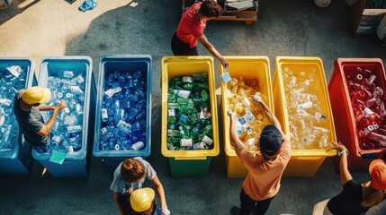 Recycling Effort: People Sorting Plastic Bottles into Colorful Bins