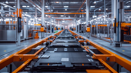 Close-up of an assembly line in a modern factory, focusing on electric vehicle battery production. The high-tech environment features clean, organized machinery with a futuristic feel.

