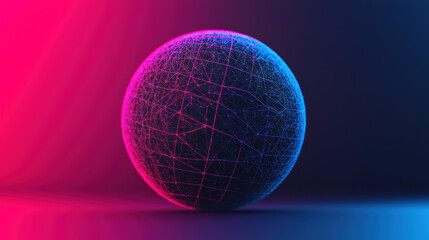 Poster - Abstract glowing sphere with a wireframe structure on a vibrant pink and blue gradient background, representing technology and modern digital design.