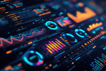 Poster - Futuristic data visualization interface with colorful charts and graphs, showcasing advanced analytics and technology in a high-tech digital environment.