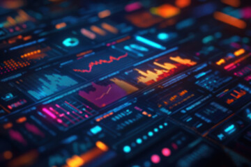 Poster - Abstract digital dashboard with colorful data visualizations, charts, and graphs in a futuristic design layout, ideal for technology and finance themes.