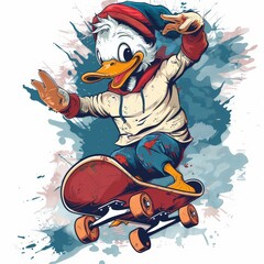 Wall Mural - Vintage cartoon funny duck riding a skateboard sports and colorful graffiti style splash illustration on white background