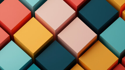 Poster - Vibrant geometric pattern of multicolored  cubes, creating a lively and modern abstract background ideal for contemporary design projects.