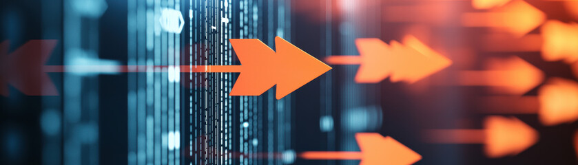 Poster - Abstract representation of digital transformation with futuristic blue and orange arrows indicating data flow and technological advancement.