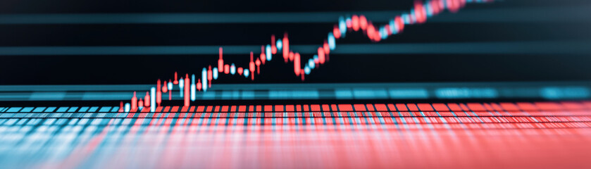Poster - Abstract digital financial chart with rising line, showcasing data trends, business growth, and investment analysis on a blue and red background.