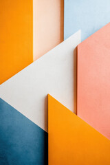 Poster - Abstract geometric background with colorful overlapping panels in blue, white, orange, and pink hues, illustrating modern design and creativity.
