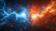 © horizon - Epic cosmic battle, fire and ice collision, blue lightning vs red flames, energy beams clashing, space background, star field, explosive particle effects.