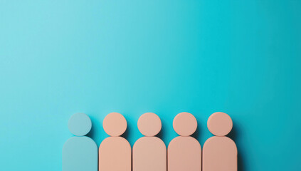 Poster - Minimalist wooden figures standing in a line against a bright blue background. Concept of individuality, teamwork, and human resources.