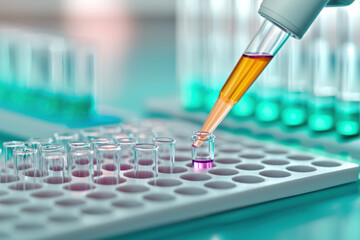a close-up shot of a pipette dispensing liquid into test tubes in a laboratory setting, showcasing s