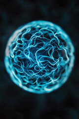 Poster - Glowing blue abstract sphere with intricate light patterns on a dark background, resembling energy or digital technology concept.