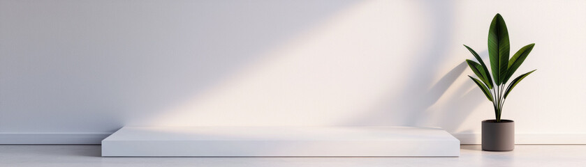 Poster - Minimalistic white shelf with a single green plant against a white wall, bathed in natural light, highlighting calm and serene living space design.