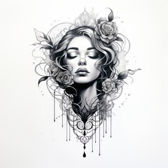 Wall Mural - Reverent Tattoo Line Illustration on White