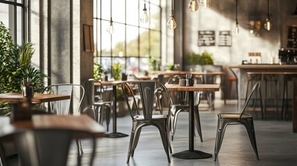 Poster - A modern cafe features metal chairs and wooden tables, filled with natural light from large windows surrounded by greenery.