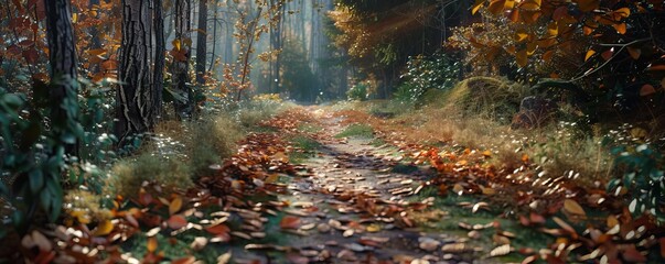 Wall Mural - Forest path with fallen leaves, 4K hyperrealistic photo