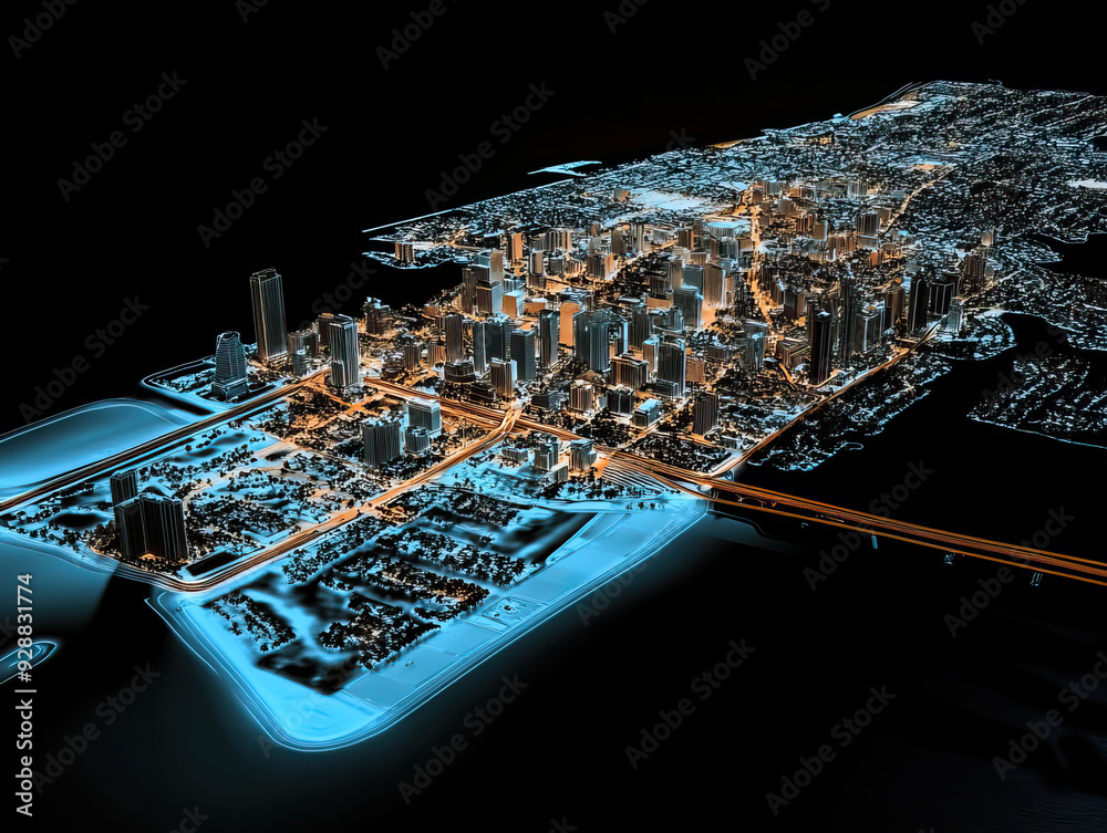Technical aerial visual, 3D LiDAR GIS aerial map satellite scan model ...