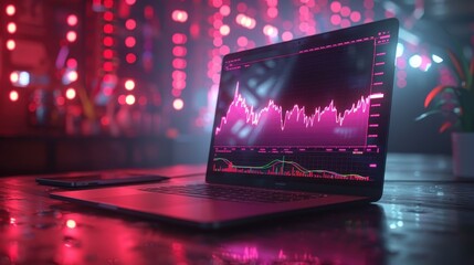 Laptop displaying a financial chart with a blurred red bokeh background