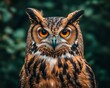 © Kittipong - Intense Gaze A CloseUp of an Owl with Sharp Orange Eyes and Detailed Feathers Against a Blurred Green Background