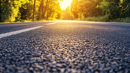 Sun shining on empty asphalt road at sunset