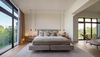 Minimalist Bedroom Interior Design with Platform Bed and Large Windows