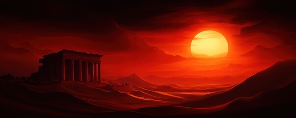 A stunning sunset illuminates an ancient temple silhouette amidst a dramatic landscape of reds and shadows.