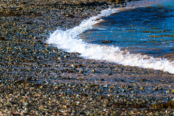 Seaside and waves, beach with sand, water, shell