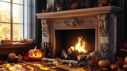 Cozy fireplace decorated in autumn decoration. Ai generation