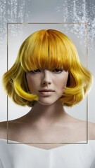 Poster - A woman with a bright yellow hair cut in front of an image, AI