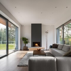 Minimalist Living Room with Fireplace and Large Windows