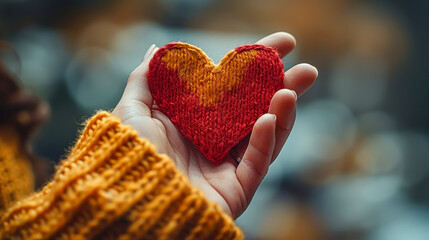 A hand holding a paper heart. The heart is red and has a diamond shape. Concept of love and affection