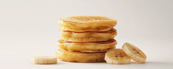 Wall Mural - Stack of fluffy pancakes with banana slices on white background, 4K hyperrealistic photo