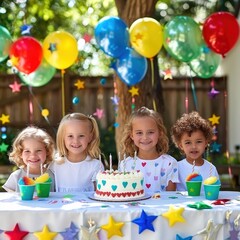 Joyful children celebrate a vibrant birthday party in a backyard filled with balloons and colorful treats