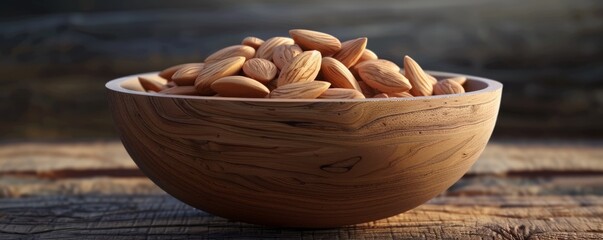 Wooden bowl filled with almonds, 4K hyperrealistic photo