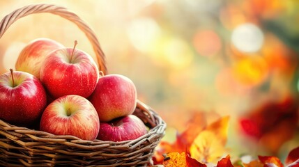 Canvas Print - Autumn, autumn apples in basket on background with copy space. The generation of AI