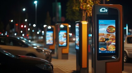 Bright digital menu boards showcase food options at a fast-food drive-thru with cars lined up nearby under night lights.