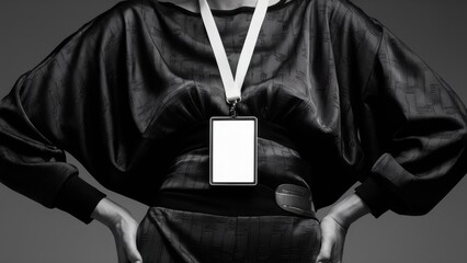 Sticker - A woman in a black dress with an id badge on her chest, AI