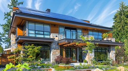 Wall Mural - Modern House with Solar Panels and Landscaping