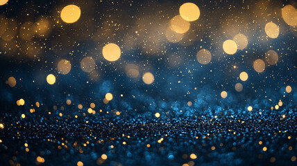 A close-up of shimmering gold and blue bokeh lights against a dark background, creating a festive atmosphere