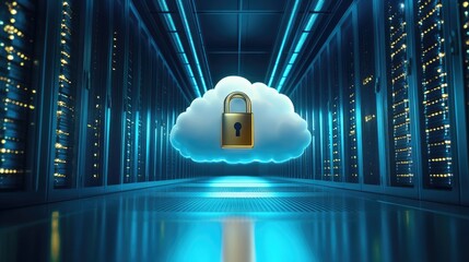 Poster - Secure cloud storage concept with a white cloud and gold lock, illuminated by blue lights in a data center setting.