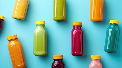 Poster - A top-down view of an assortment of colorful smoothie and juice bottles on a blue background, highlighting superfoods, healthy eating, and detoxification.