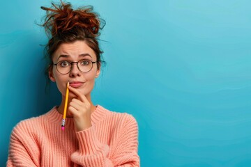 Contemplating ideas with a thoughtful expression while posing against a light blue backdrop