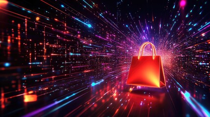 Poster - Virtual shopping data: A stream of digital data leading to a virtual shopping bag, representing the connection between online retail and data-driven consumer experiences.