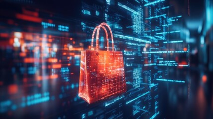Poster - Virtual shopping data: A stream of digital data leading to a virtual shopping bag, representing the connection between online retail and data-driven consumer experiences.