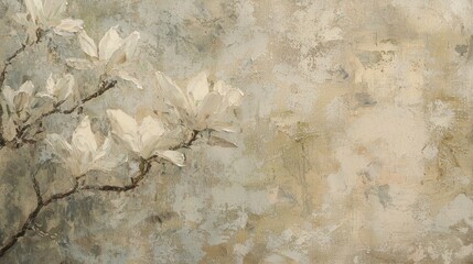 Wall Mural - A decorative 3D oil painting depicting abstract white and beige flowers. Macro impasto technique is applied to the painting...