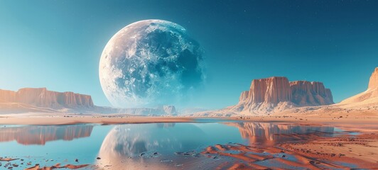 Canvas Print - A vast desert landscape with a large, detailed moon dominating the sky, reflected in a water body below, amidst towering rock formations under a clear blue sky.