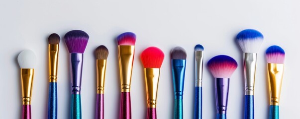 Set of colorful makeup brushes on white background, 4K hyperrealistic photo