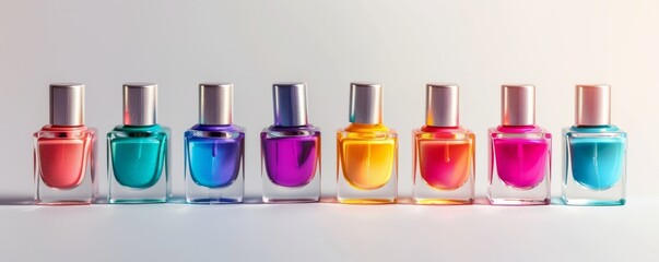 Set of colorful nail polish bottles on white background, 4K hyperrealistic photo